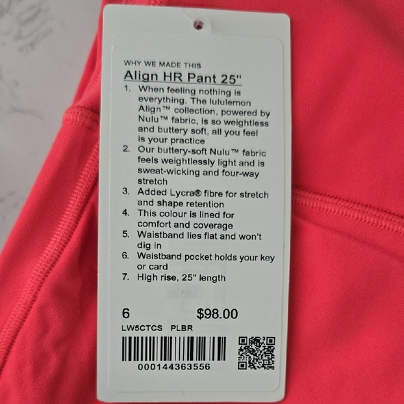 NWT Lululemon Align High-Rise Pant 25" Pale Raspberry Size 6 - Picture 5 of 8